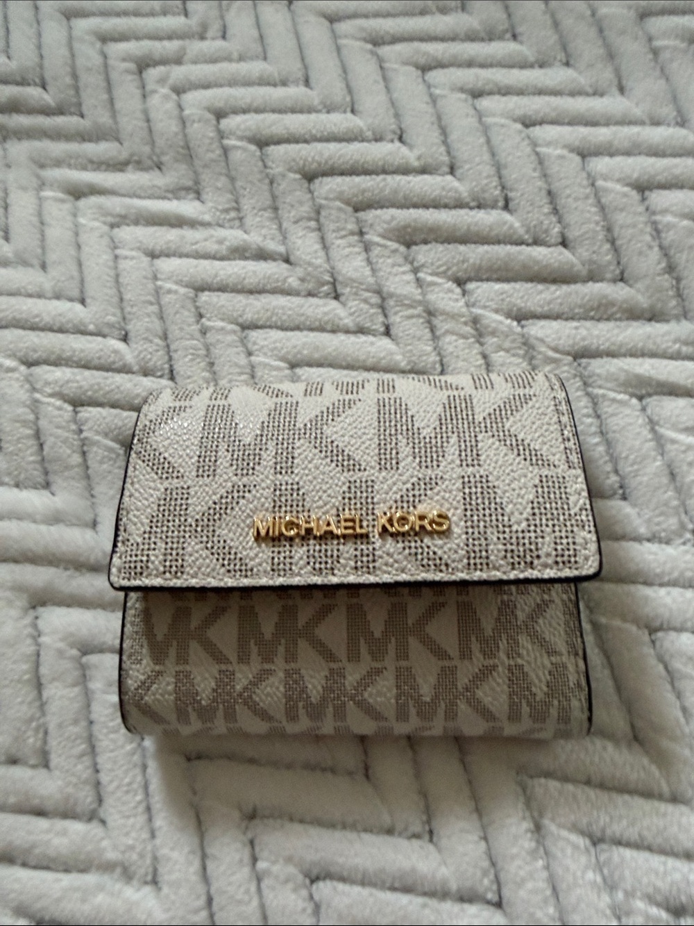 Michael Kors Beige MK Monogram Trifold Wallet with Gold Logo